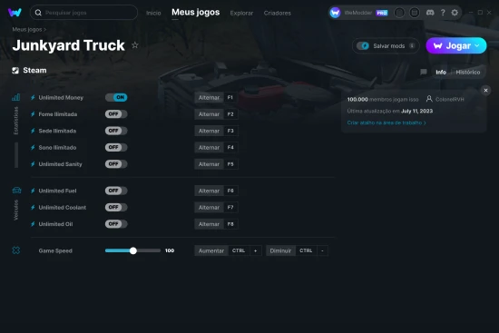 Captura de tela de cheats do Junkyard Truck