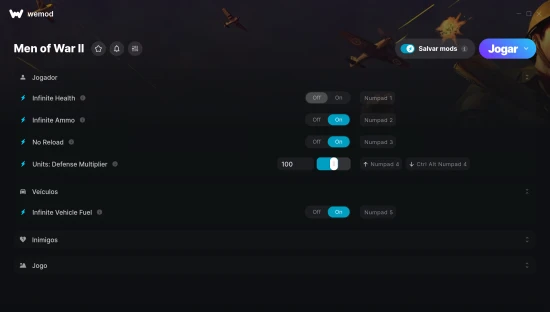Captura de tela de cheats do Men of War II
