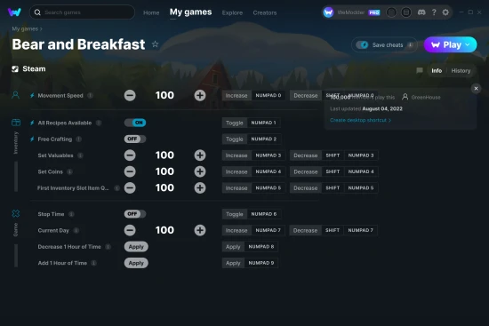 Bear and Breakfast cheats screenshot