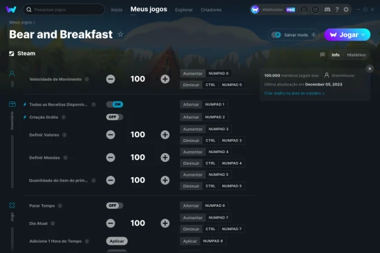 Captura de tela de cheats do Bear and Breakfast