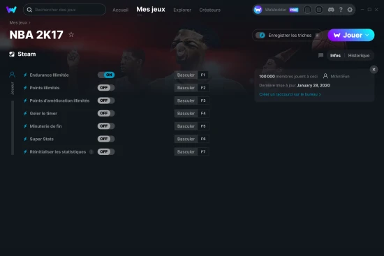 Capture d'écran de triches de NBA 2K17