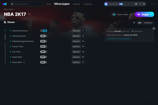 Captura de tela de cheats do NBA 2K17