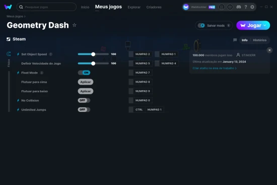 Captura de tela de cheats do Geometry Dash