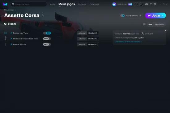 Captura de tela de cheats do Assetto Corsa