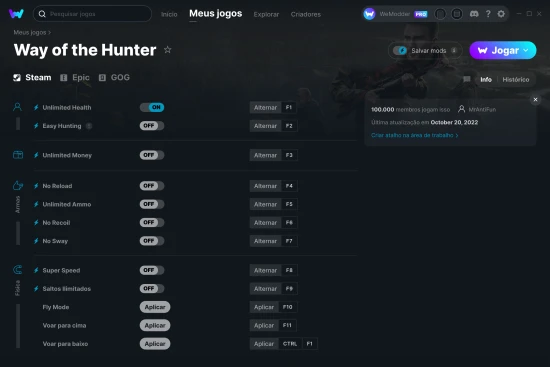 Captura de tela de cheats do Way of the Hunter