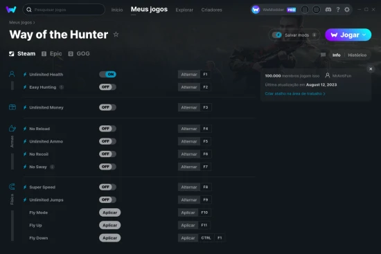 Captura de tela de cheats do Way of the Hunter