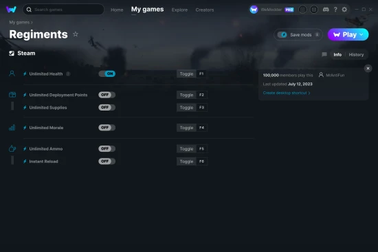 Regiments cheats screenshot