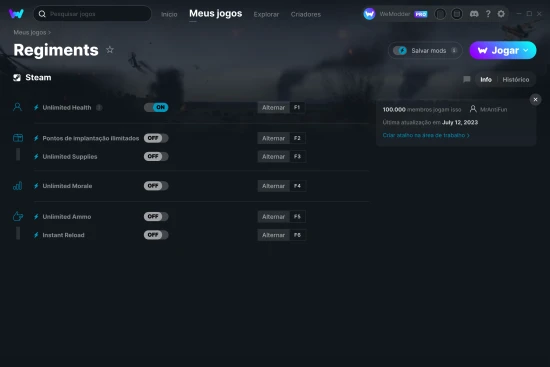 Captura de tela de cheats do Regiments