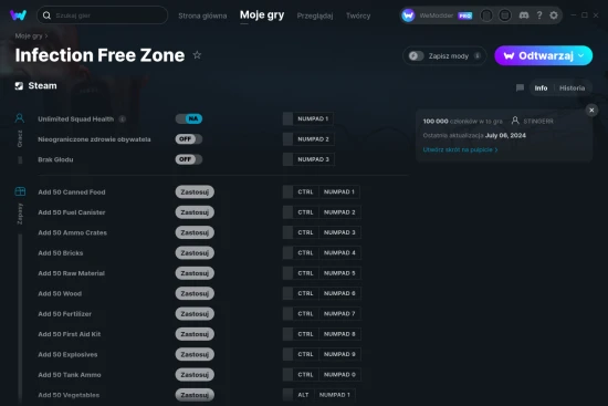 cheaty Infection Free Zone zrzut ekranu