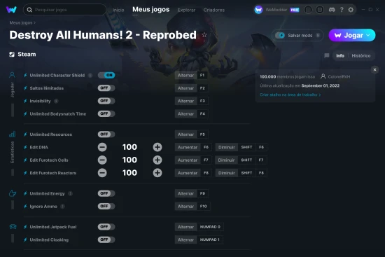 Captura de tela de cheats do Destroy All Humans! 2 - Reprobed
