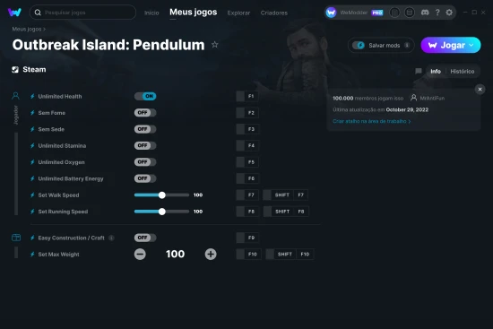 Captura de tela de cheats do Outbreak Island: Pendulum