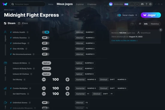 Captura de tela de cheats do Midnight Fight Express