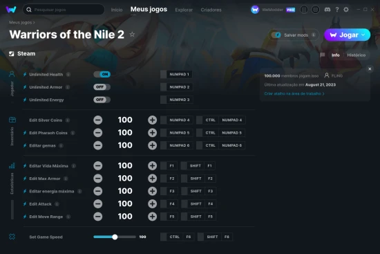 Captura de tela de cheats do Warriors of the Nile 2