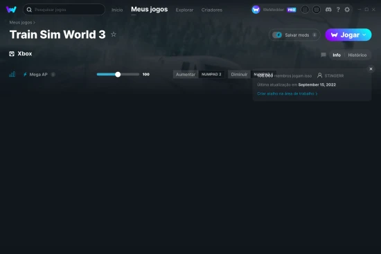 Captura de tela de cheats do Train Sim World 3