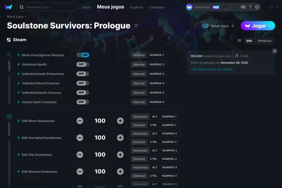 Captura de tela de cheats do Soulstone Survivors: Prologue