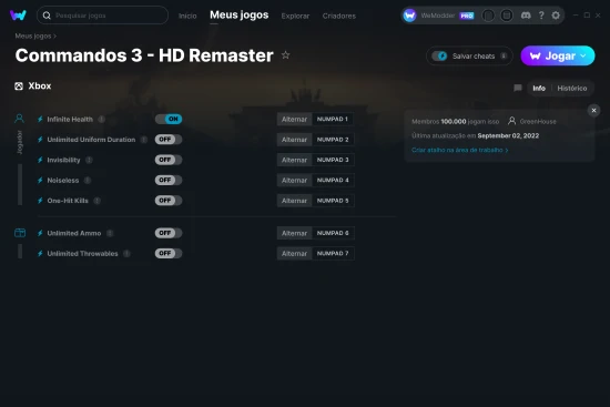 Captura de tela de cheats do Commandos 3 - HD Remaster