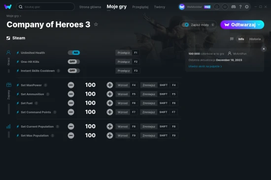 cheaty Company of Heroes 3 zrzut ekranu