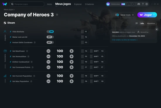 Captura de tela de cheats do Company of Heroes 3