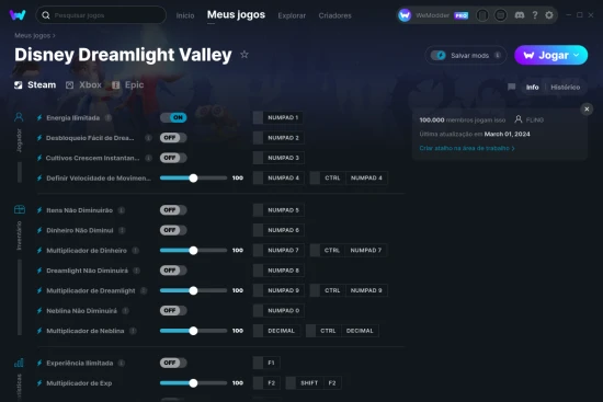Captura de tela de cheats do Disney Dreamlight Valley