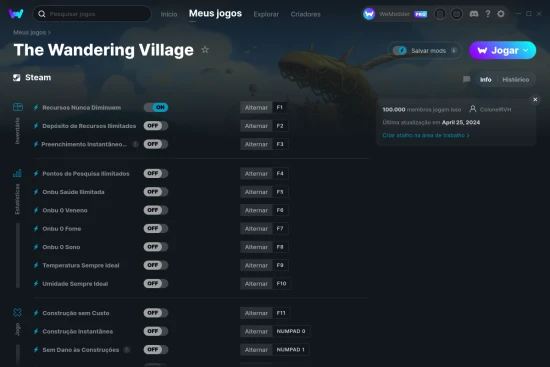 Captura de tela de cheats do The Wandering Village