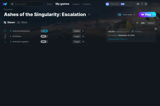 Ashes of the Singularity: Escalation cheats screenshot