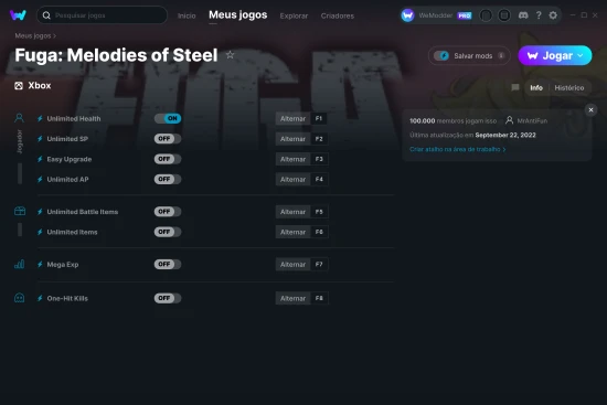 Captura de tela de cheats do Fuga: Melodies of Steel