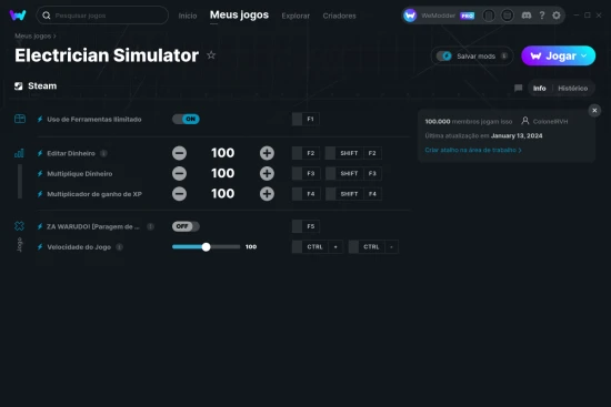 Captura de tela de cheats do Electrician Simulator
