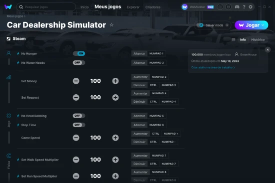 Captura de tela de cheats do Car Dealership Simulator
