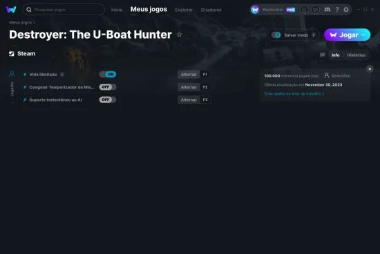 Captura de tela de cheats do Destroyer: The U-Boat Hunter
