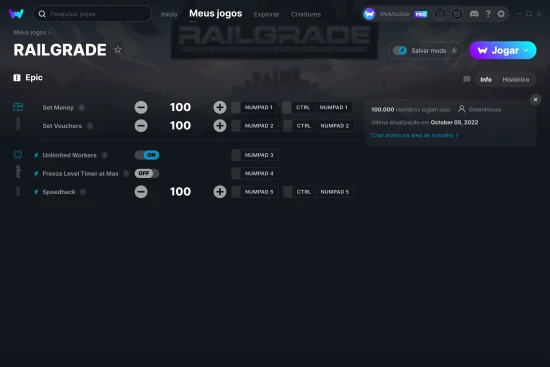 Captura de tela de cheats do RAILGRADE