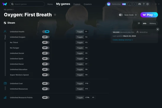 Oxygen: First Breath cheats screenshot