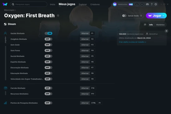 Captura de tela de cheats do Oxygen: First Breath