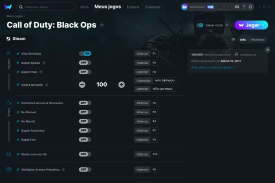 Captura de tela de cheats do Call of Duty: Black Ops