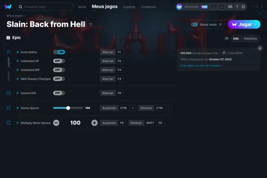 Captura de tela de cheats do Slain: Back from Hell