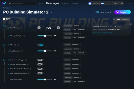 Captura de tela de cheats do PC Building Simulator 2