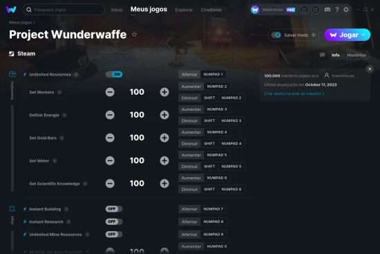 Captura de tela de cheats do Project Wunderwaffe
