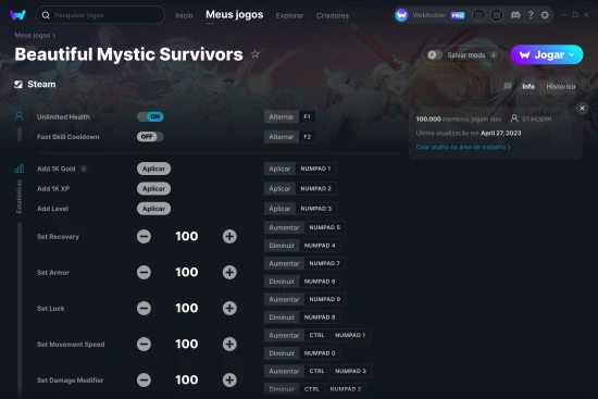 Captura de tela de cheats do Beautiful Mystic Survivors