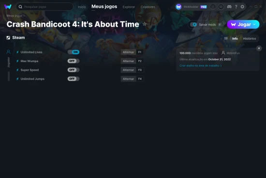 Captura de tela de cheats do Crash Bandicoot 4: It's About Time