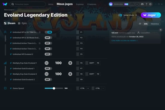 Captura de tela de cheats do Evoland Legendary Edition