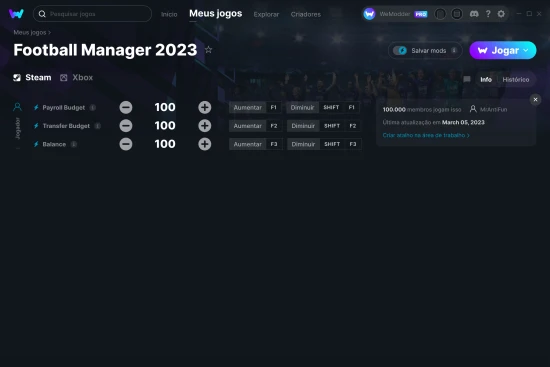 Captura de tela de cheats do Football Manager 2023