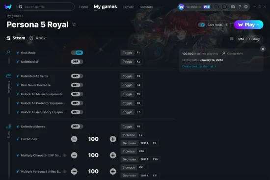Persona 5 Royal cheats screenshot