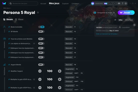 Capture d'écran de triches de Persona 5 Royal