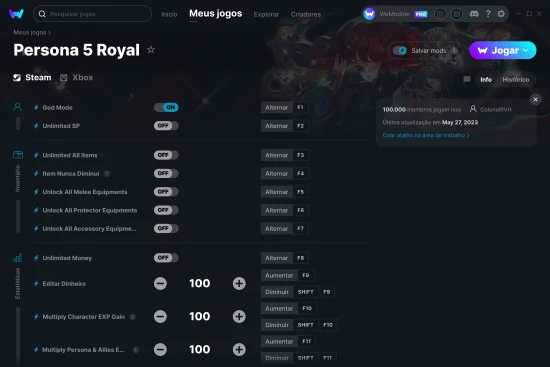 Captura de tela de cheats do Persona 5 Royal