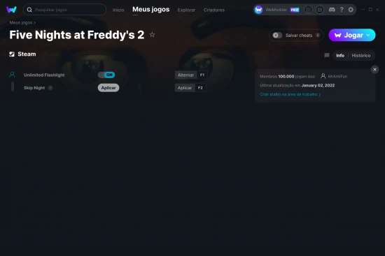 Captura de tela de cheats do Five Nights at Freddy's 2
