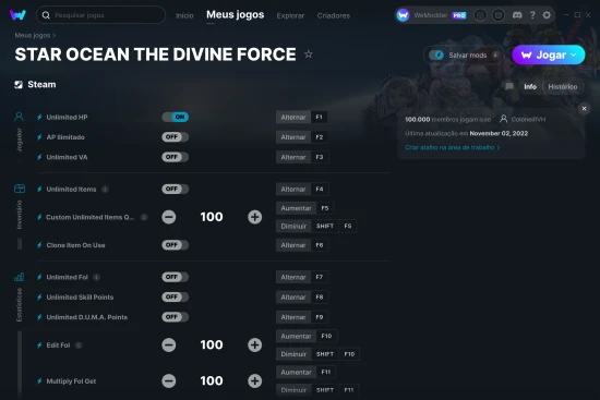 Captura de tela de cheats do STAR OCEAN THE DIVINE FORCE