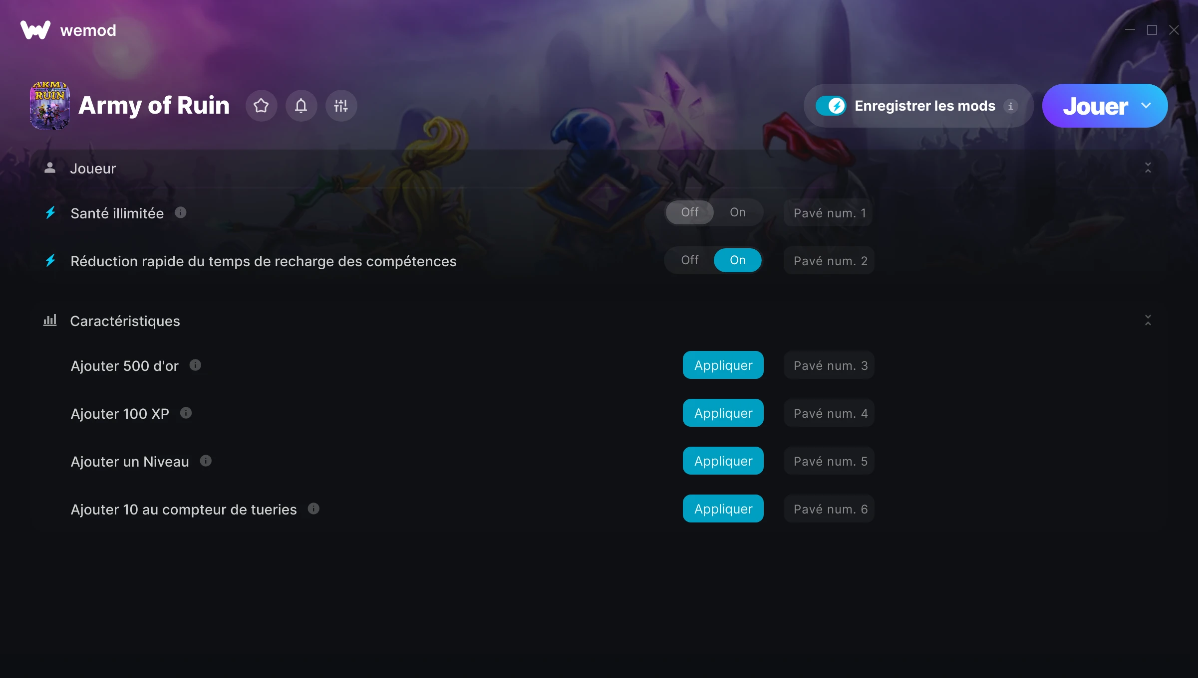 Capture d’écran des cheats pour Army of Ruin