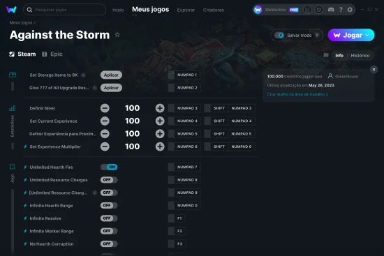 Captura de tela de cheats do Against the Storm