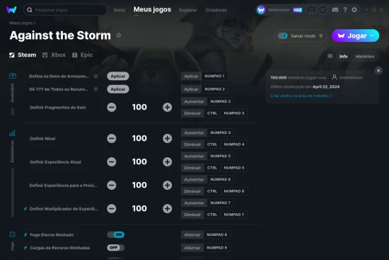 Captura de tela de cheats do Against the Storm
