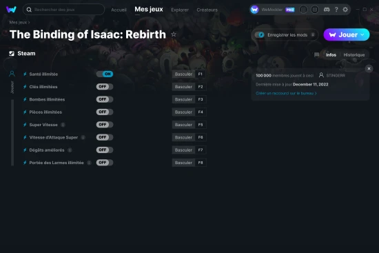 Capture d'écran de triches de The Binding of Isaac: Rebirth