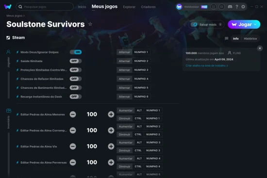 Captura de tela de cheats do Soulstone Survivors